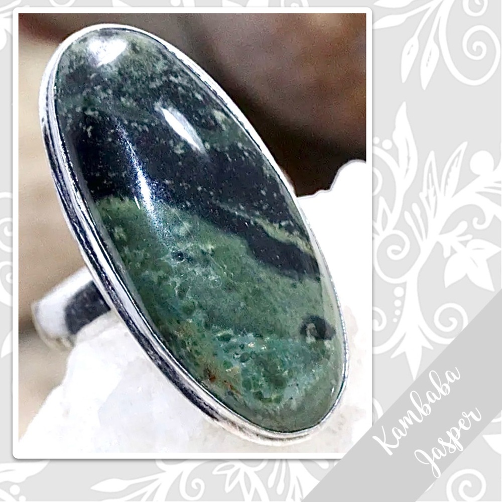 Kambaba Jasper Eclectic Silver Artisan Ring, Size 7.5 (Dark Sage Green, Black)
